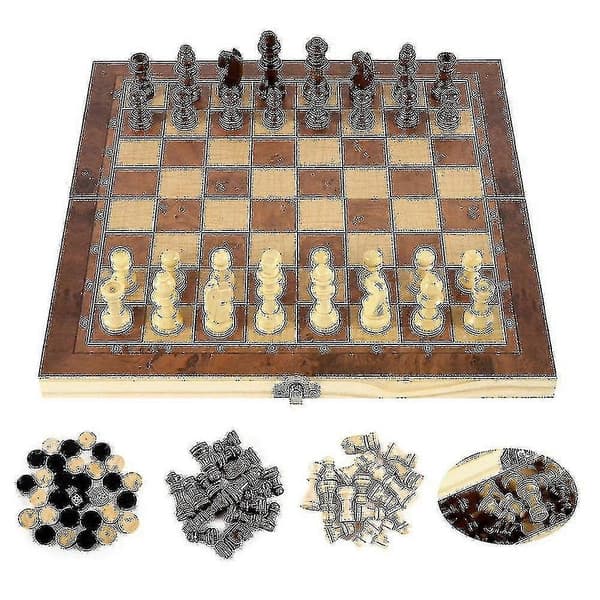 3-i-1 Schackset i Trä Internationellt Backgammon Brädspel Damspel Pusselspel Hopfällbart Schackbräde