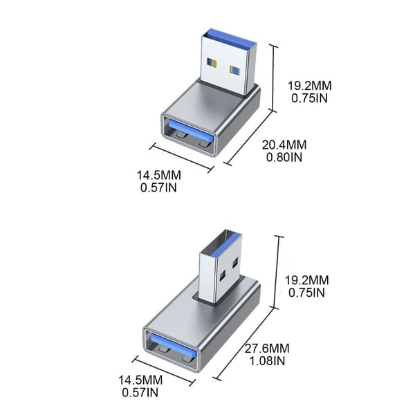 USB 3.0 Han til Hun 90 Graders Retvinklet Forlængeradapter USB Opadgående Stik Data Synkronisering til Bærbar USB Ventilator Sølv Silver To the right