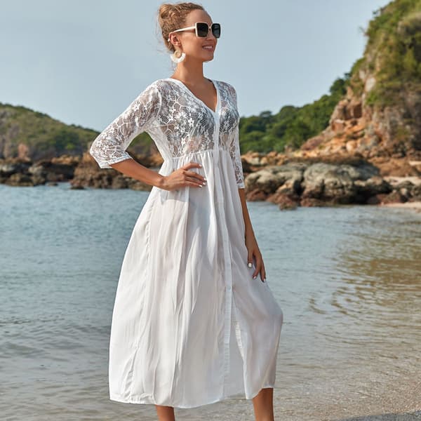 Dam 3/4 Ärmar Chiffong Maxi Strandklänning Transparent Blommig Spets Patchwork Kimono Kofta Knapp V-ringad Baddräkt Överdrag