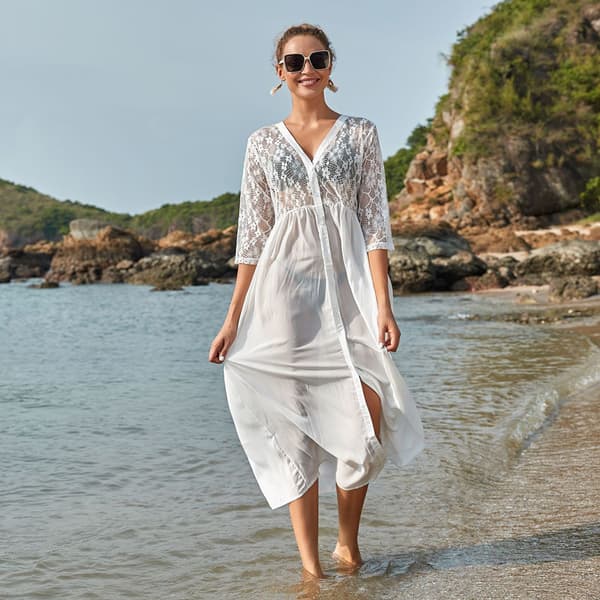 Dam 3/4 ärmar Chiffong Maxi Strandklänning Transparent Blommig Spets Patchwork Kimono Kofta Knapp V-ringad Baddräkt Cover Up