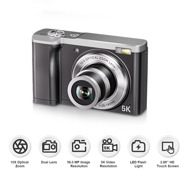 5K digitalkamera med 5X optisk zoom og anti-shake stabilisering