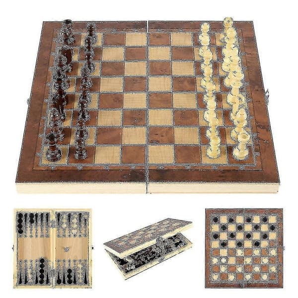 3 i 1 Trä Internationellt Schackset Backgammon Brädspel Damspel Pusselspel Vikbart Schackbräde 29x29cm