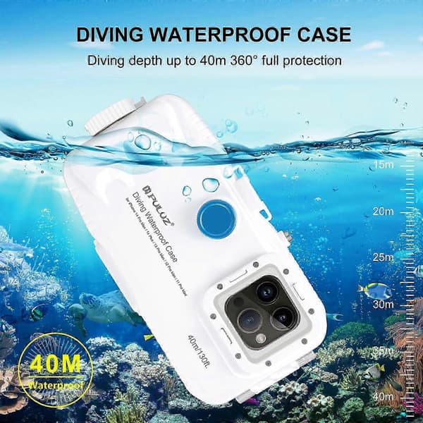 PULUZ 40m/130ft vanntett dykkerhus for iPhone 15 Pro Max / 15 Plus / 14 Plus / 14 Pro Max / 13 Pro Max / 12 Pro Max / 11 Pro Max