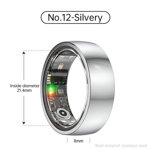Smart Ring R1000 – Søvnmonitor, Bluetooth 5.0, Blodiltmåler Sølv Silver 12