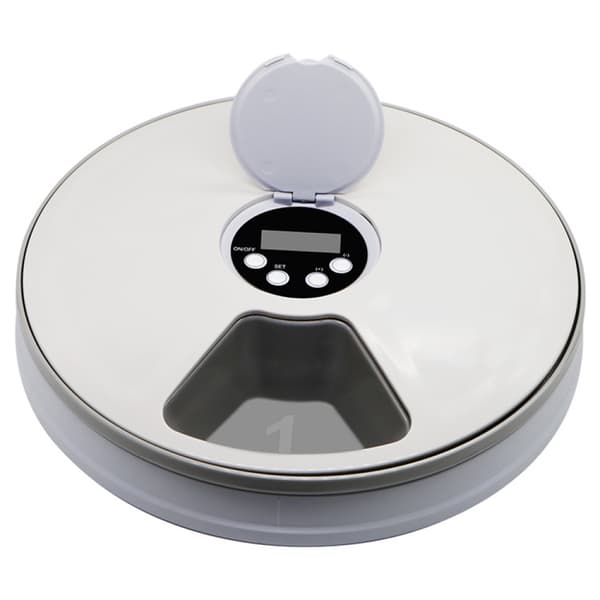 Automatisk kæledyrsfoderautomat med timer – 6 rum kompatible med tørfoder, vand og madskåle (hunde, katte, kaniner og små dyr)