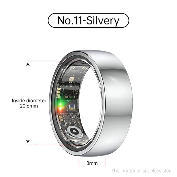 Smart Ring R1000 – Søvnmonitor, Bluetooth 5.0, Blodiltmåler Sølv Silver 11