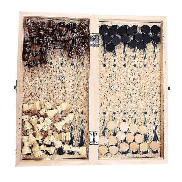 3 i 1 Trä Schackbräde Internationellt Resespel Schack Backgammon Damspel Underhållning