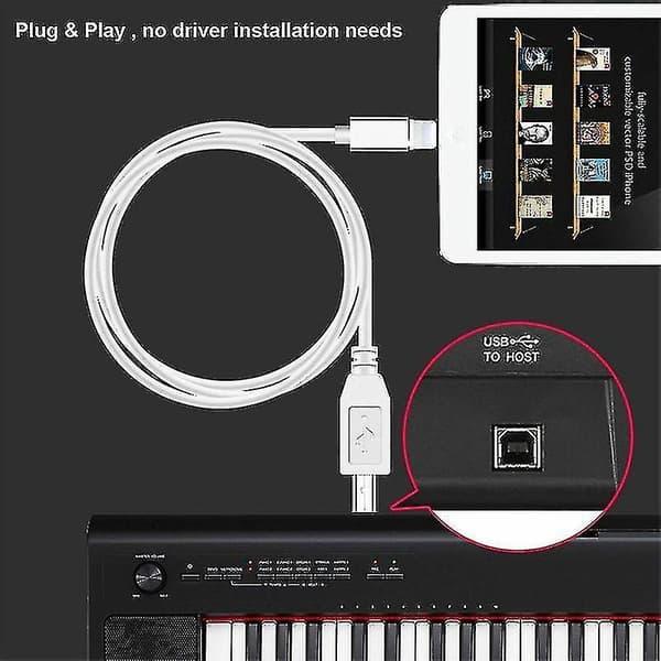 Lightning til Type-B MIDI Keyboard Konverter USB 2.0 Kabel for Iphone 7 8 X Ipad