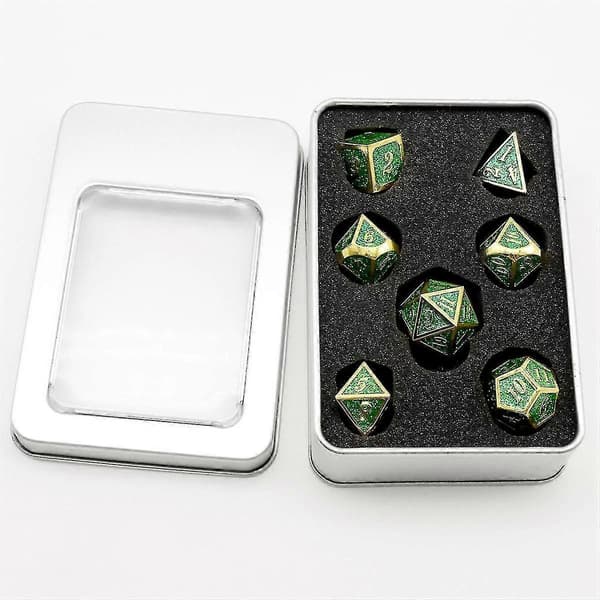 7 STK Metalterninger, Tung Solid Sinklegering Polyeder Terningesett for Dungeons and Dragon Brettspill Grønn