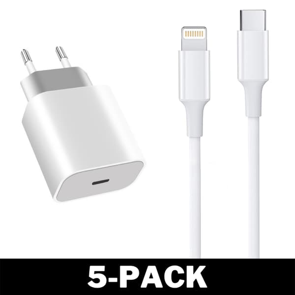 Væglader USB-C PD 20W + 2M Lightning Kabel iPhone Hvid 216 3-Pack