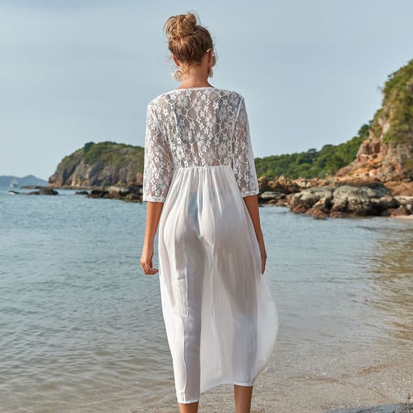 Dam 3/4 Ärmar Chiffong Maxi Strandklänning Transparent Blommig Spets Patchwork Kimono Kofta Knapp V-ringad Baddräkt Överdrag