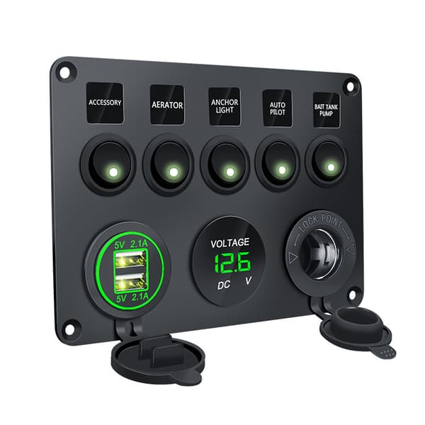 Kytkinpaneeli - 5 kytkintä, volttimittari, 2 USB-virtapistoketta Black + Green