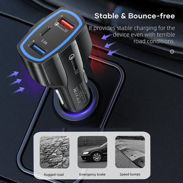 Autolaturi Quick Charge PD USB-C- ja 2x USB-liitännällä, musta 72 3-Pack