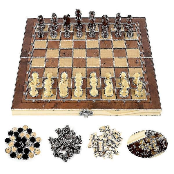 3 i 1 Trä Internationellt Schackset Backgammon Brädspel Damspel Pusselspel Vikbart Schackbräde 29x29cm