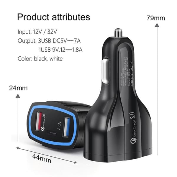 Autolaturi Quick Charge PD USB-C- ja 2x USB-liitännällä, musta 72 3-Pack