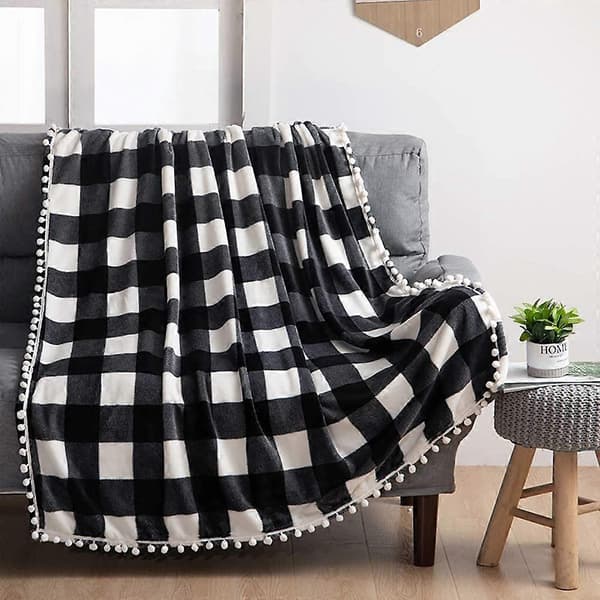 Fleece tæppe med kvastfryns, sort og hvid bøffelternet flanneltæppe til sofa, seng, egnet til alle årstider (130x150cm)