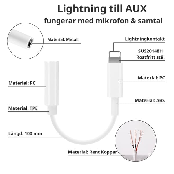 Lightning til AUX Adapter - Mikrofonkompatibel - Hvit 128 8-Pack