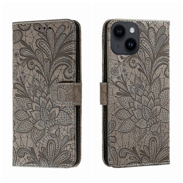 Blomsterblonde-telefondeksel i skinn til iPhone 15 Plus Grey
