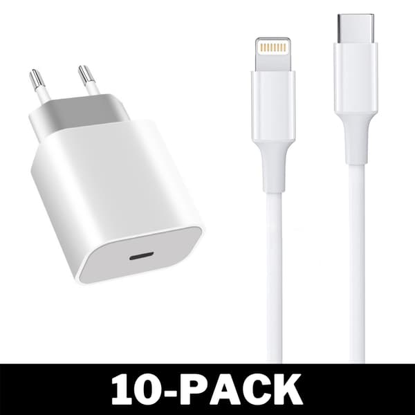 Seinälaturi USB-C PD 20W + 2M Lightning-kaapeli iPhone Valkoinen 216 3-Pack