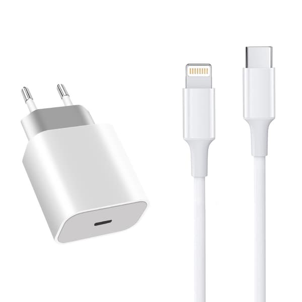 Vegglader USB-C PD 20W + 2M Lightning Kabel iPhone Hvit 216 3-Pack