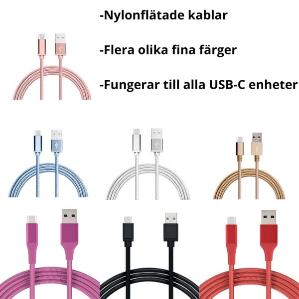 1M USB til USB-C Kabel Nylon Quick Charge Sølv 48 3-Pack