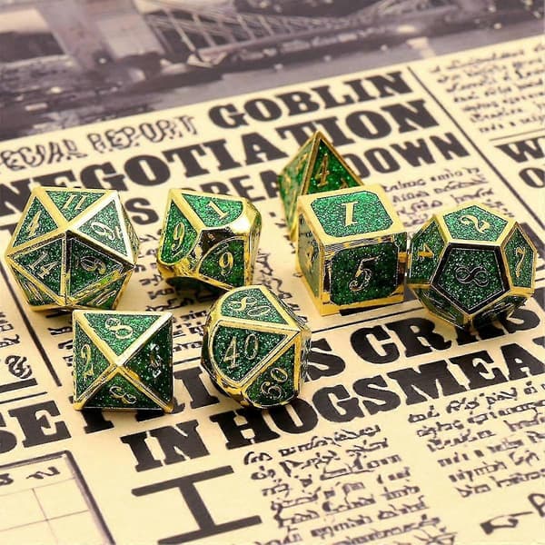 7 STK Metalterninger, Tung Solid Sinklegering Polyeder Terningesett for Dungeons and Dragon Brettspill Grønn