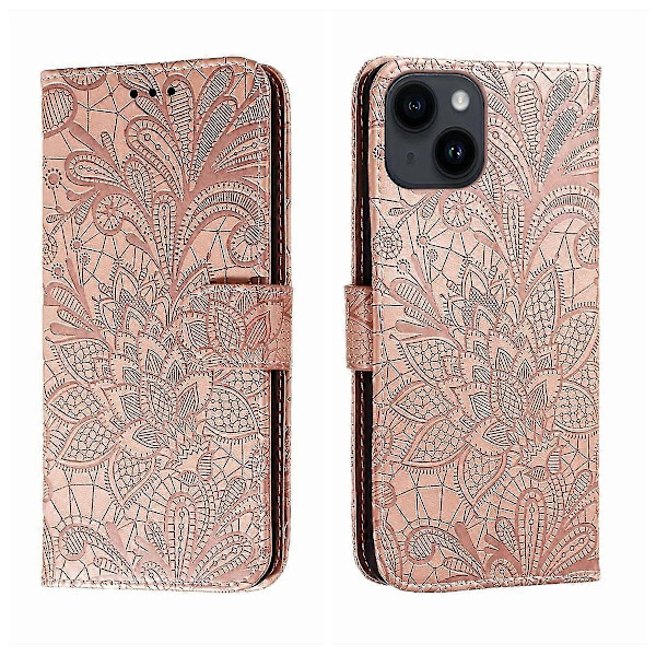 Spetsblomma Läderfodral för iPhone 15 Plus Rose Gold