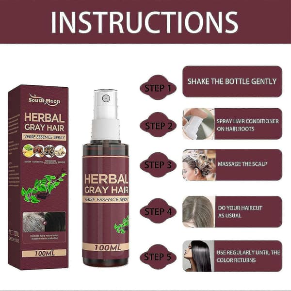 Urtebasert gråhårspray Rask effekt Mild Naturlig Urtebasert Fjerner Grått Hår Boxed