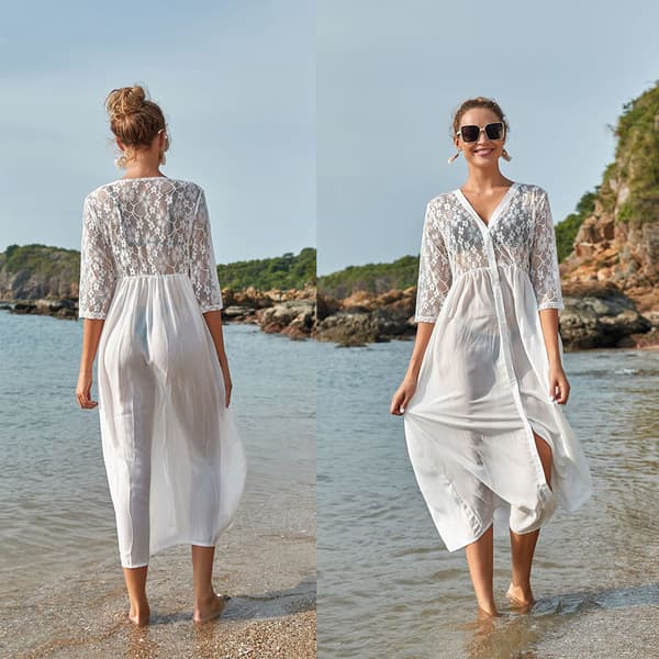 Dam 3/4 ärmar Chiffong Maxi Strandklänning Transparent Blommig Spets Patchwork Kimono Kofta Knapp V-ringad Baddräkt Cover Up