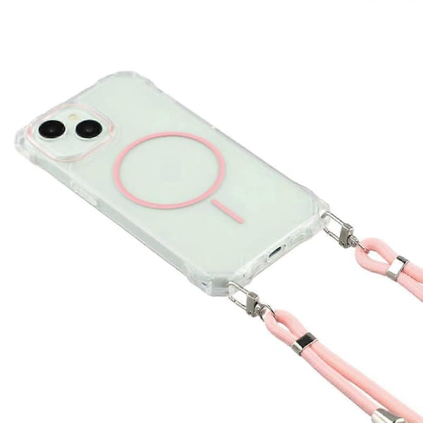 Magnetisk deksel til iPhone 15 med snor, fallsikkert TPU + PC-bakdeksel Pink