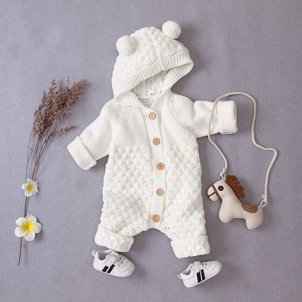 Nyfödd Baby Öronhuva Stickad Romper Jumpsuit Varmare Snödräkt för Pojkar Flickor 73cm Beige