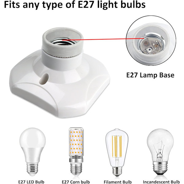 E27 skruvbar taksockel, E27 garageuttag, AC 220-240V, LED-lamphållare, vit plastlampfot, set om 4