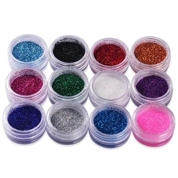 12 st burkar glitter för nageldekoration