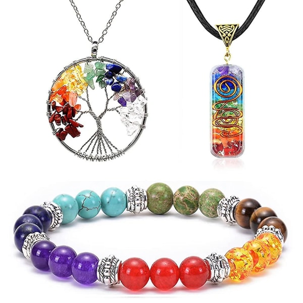 7 Chakras Kristaller Healing Armband Halsband Sten Livets Träd Hänge Positiv Energi Yoga Andlig Naturlig Ädelsten Set