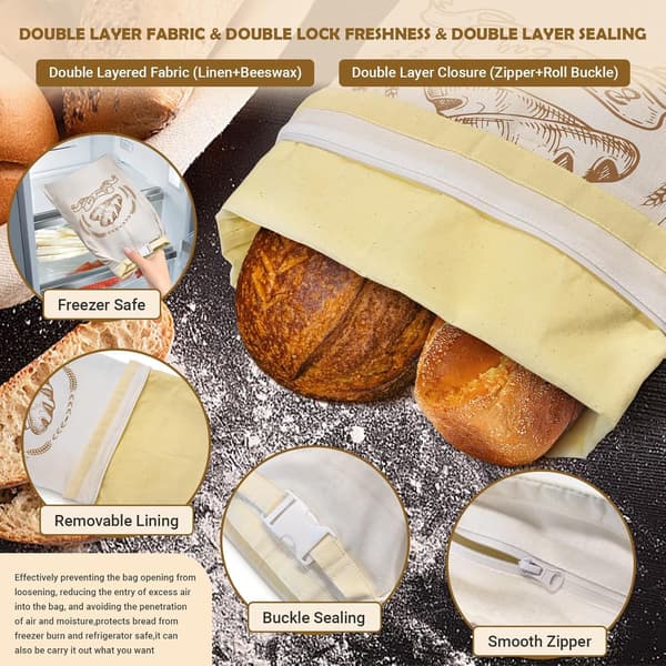 Beeswax Bread Bags for Sourdough, Reusable Organic Cotton Storage, Freezer Safe