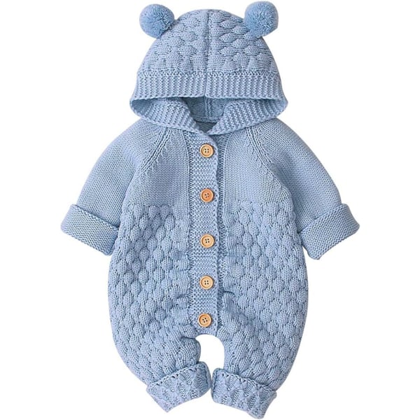 Nyfödd Baby Öronhuva Stickad Romper Jumpsuit Varmare Snödräkt för Pojkar Flickor Ljusblå 90cm Light Blue