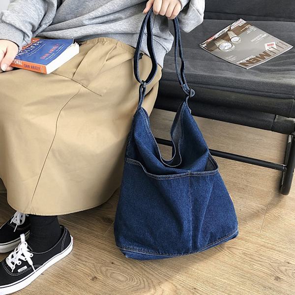 Blå jeansväska, axelväska, messengerbag, stor dam navy blue