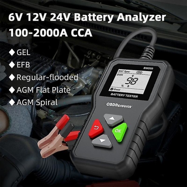 Bm550 bilbatteritestare 6v 12v 24v 100-2000 2ah-220ah batterisystem Upptäck automatisk batterianalysator