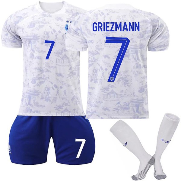 Frankrike bortatröja 2022/23 World Cup Griezmann #7 Fotbollströja T-shirt Shorts Kit Fotboll 3-delade set för barn Vuxna Kids 18(100-110cm)