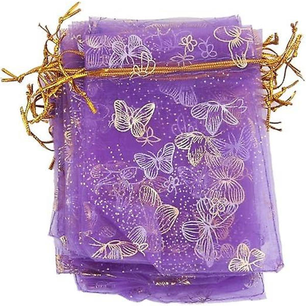 Cirka 100 organza påsar med dragsko för bröllopsfavoriter, 9 x 12 cm (tryck), lila
