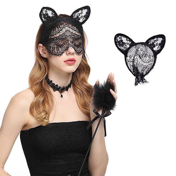 Mimigo Kaninöron Pannband Svart Halsband Spetsmask Kanin Hårbågar Dam Sexig Katt Huvudband Hårband Hårband Maskerad Halloween Jul Eas