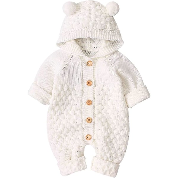 Newborn Baby Ear Hood Stickad Romper Jumpsuit Varmare snödräkt för pojkar Flickor 80cm Beige
