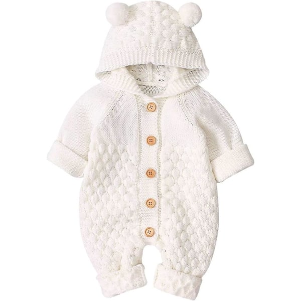 Nyfödd Baby Öronhuva Stickad Romper Jumpsuit Varmare Snödräkt för Pojkar Flickor 80cm Beige