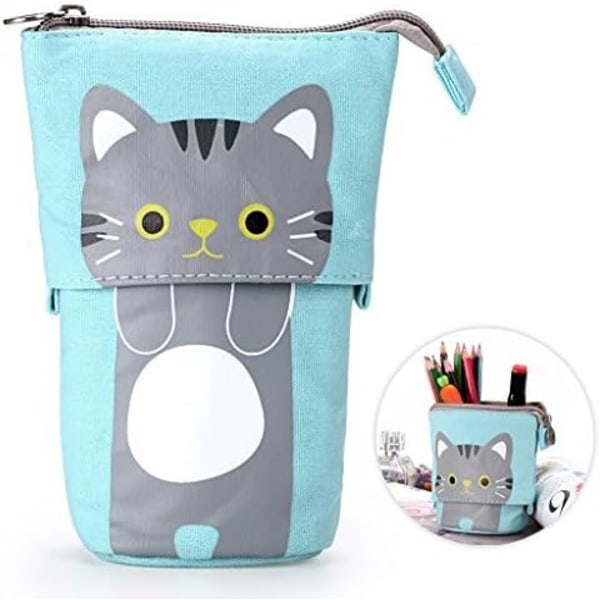 Case med justerbar bas - Söt tecknad katt Canvas case för brevpapper, förvaringsväska blå + grå