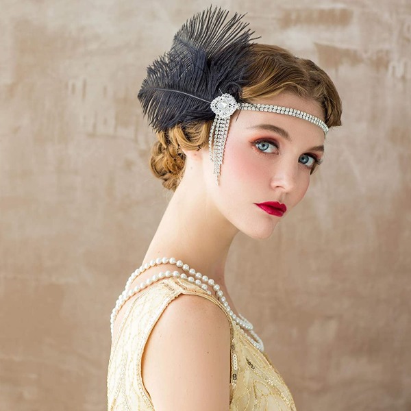 Pannband för kvinnor från 1920-talet Stor Gatsby-inspirerad fjäder Black
