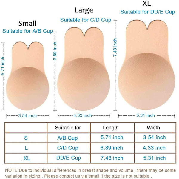3 par axelbandslösa självhäftande osynliga BH + Nipplecovers Kanin BH L