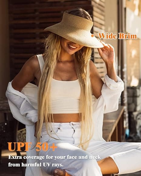 Women's Sun Hat, Wide Brim Straw Hat, Roll-up, Foldable, Ponytail, Summer Beach Hat, UV UPF black