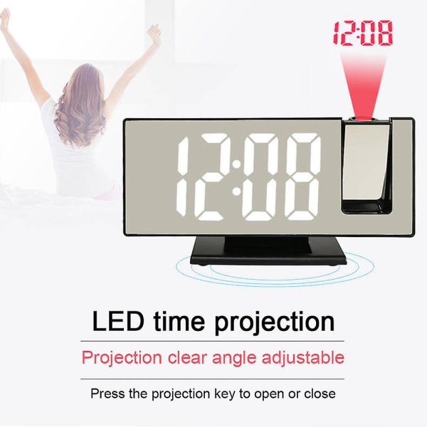 LED-projektionsklocka Multifunktionell digital väckarklocka med USB-laddning Digital klocka (vit)