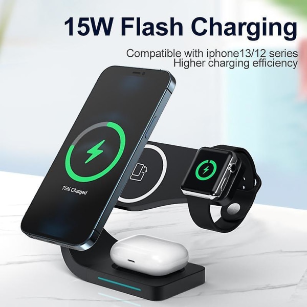 Magnetiskt trådlöst laddningsställ 15W induktionsdocka för snabbladdning för iPhone 8-14, Watch S1-7SE, AirPods