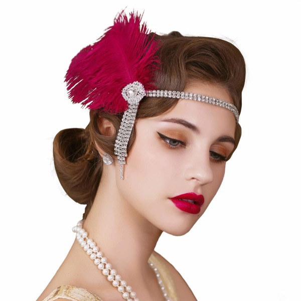 Huvudband för kvinnor från 1920-talet Stor Gatsby-inspirerad fjäder wine red